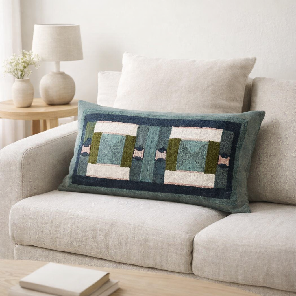 Coussin brodé Taho Vert de gris 30 x 50 en situation