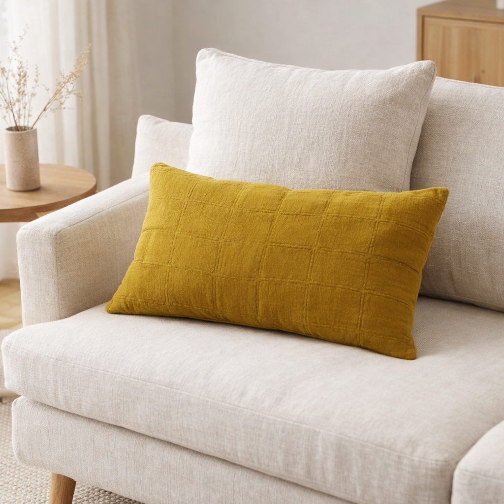 Coussin recyclé Titou Absynthe 30 x 50 en situation