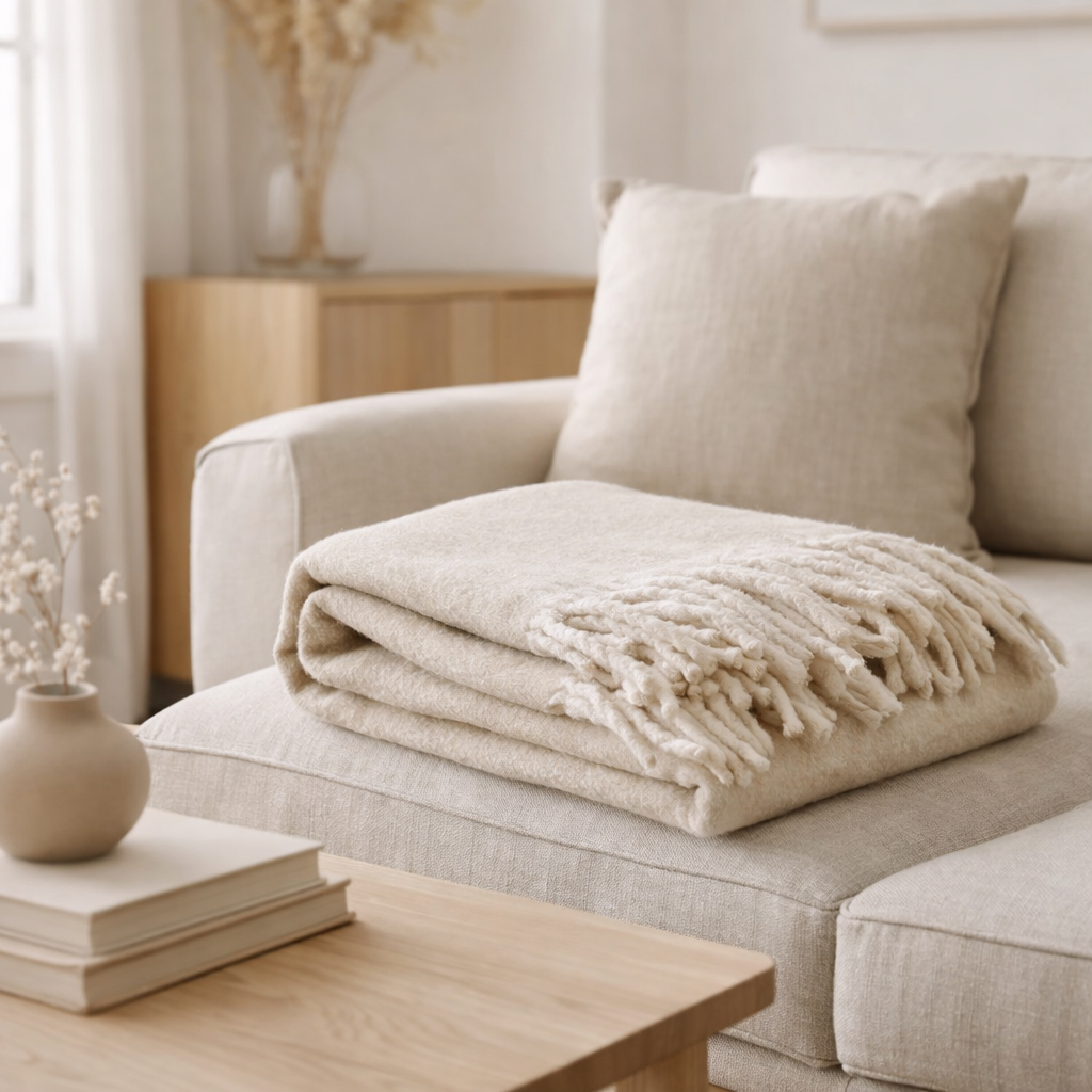 Plaid uni recyclé Isabel Naturel 130 x 160 en situation