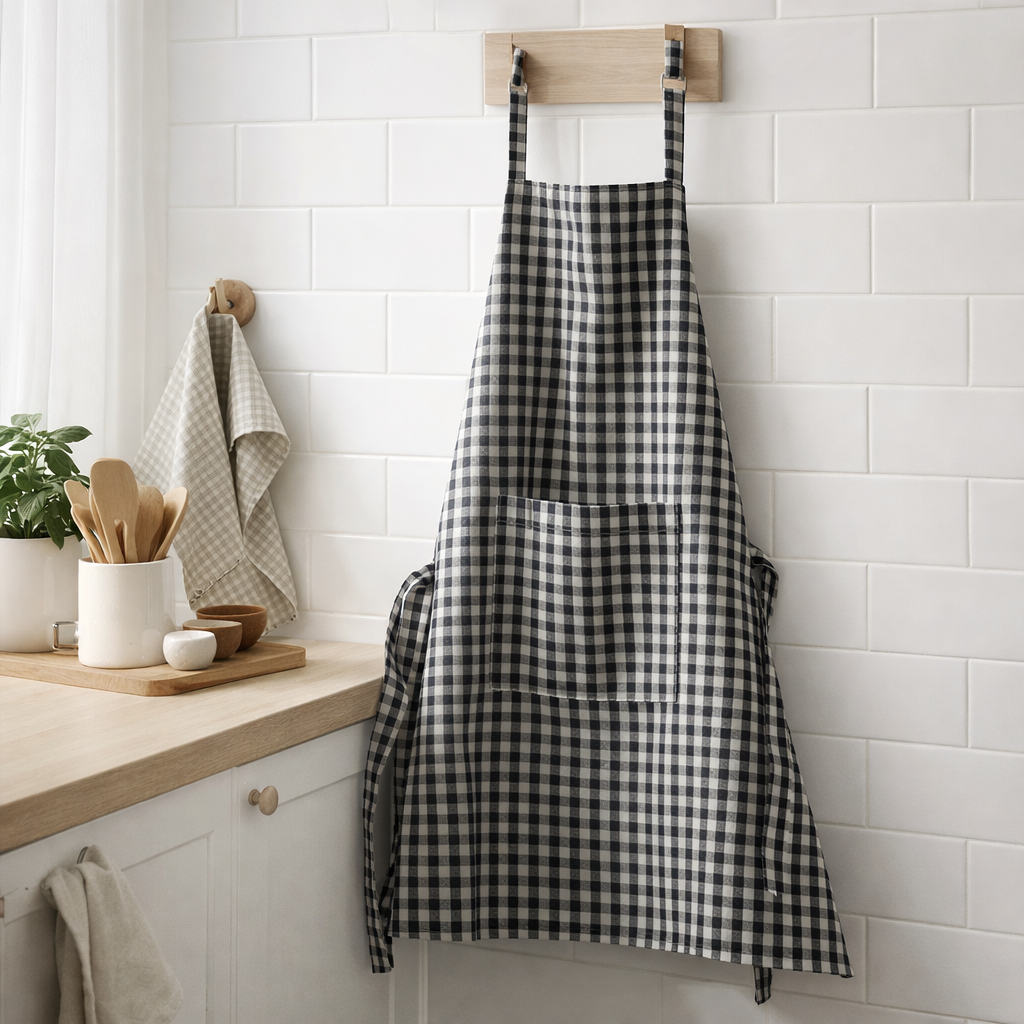 Tablier de cuisine recyclé Billie Noir/gris 80 x 85 en situation