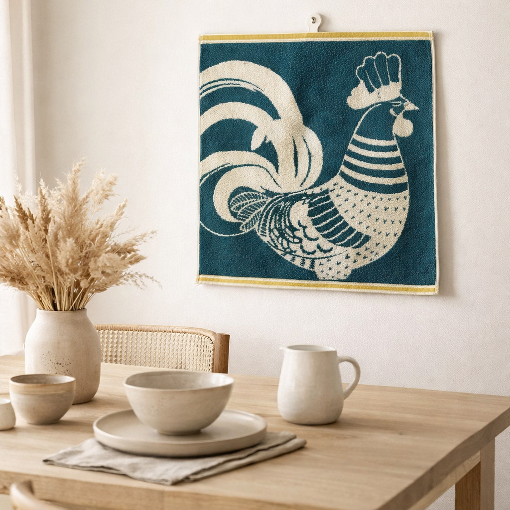 Essuie-mains Coq Bleu 50 x 50 en situation