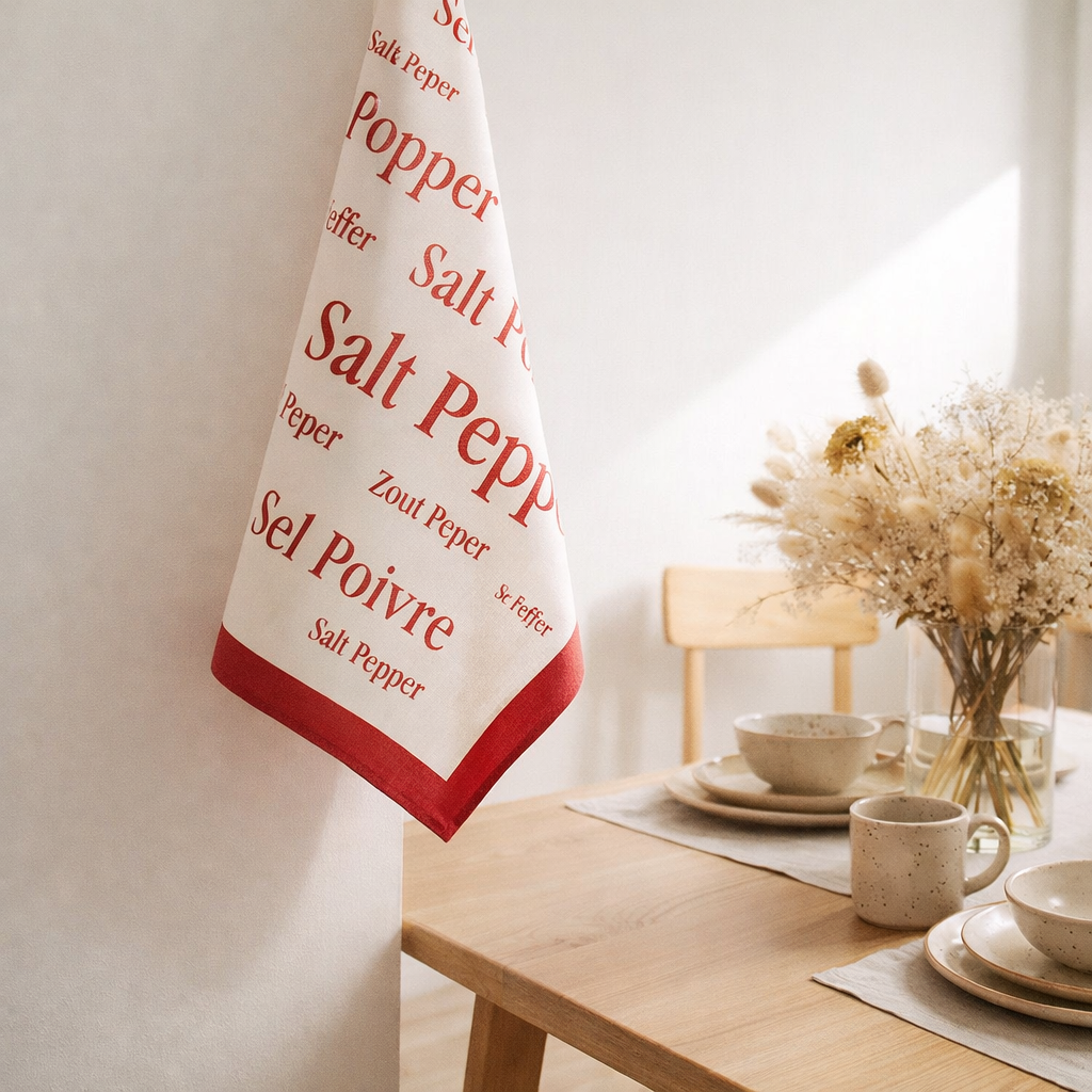 Torchon imprimé Sel & Poivre rouge en situation