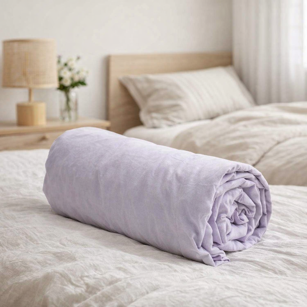 Drap housse Céleste Lilas 200 x 140 en situation