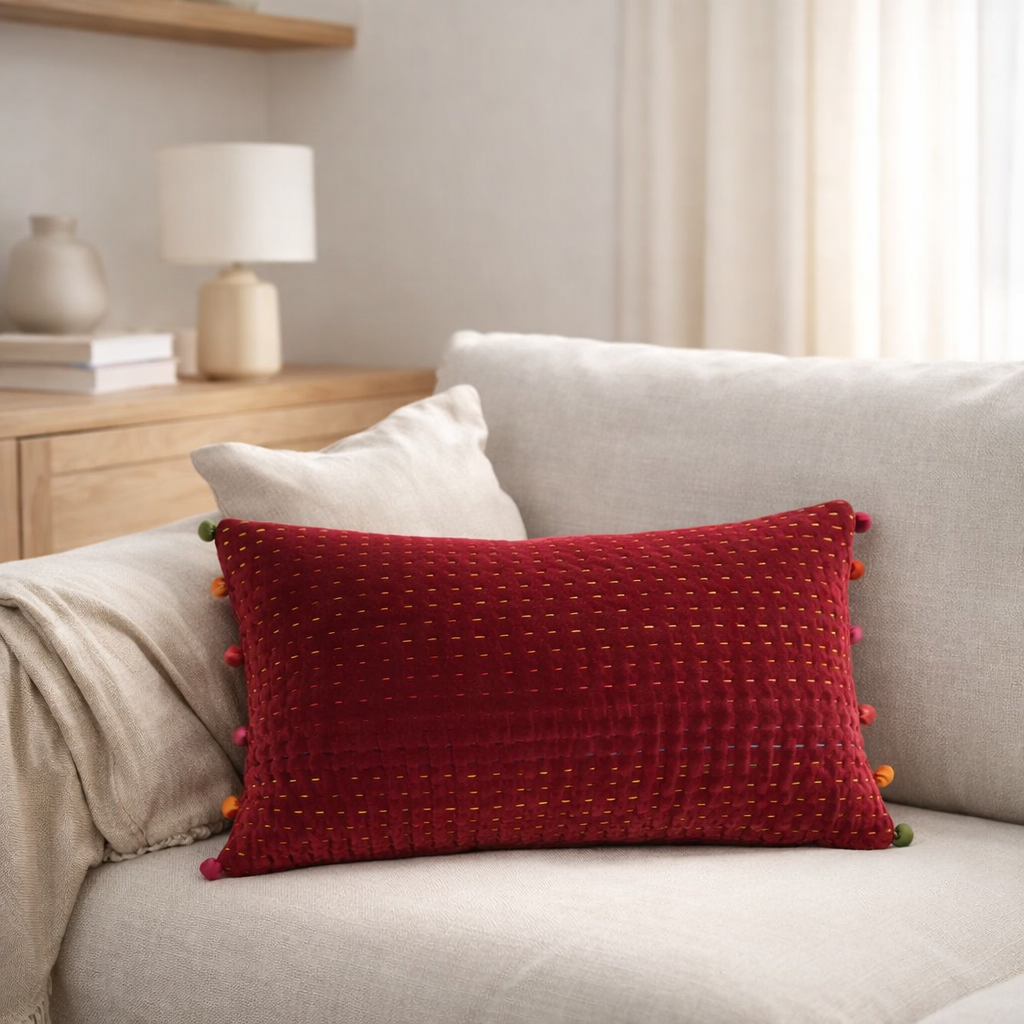 Coussin uni Gastounet Griotte 30 x 50 en situation