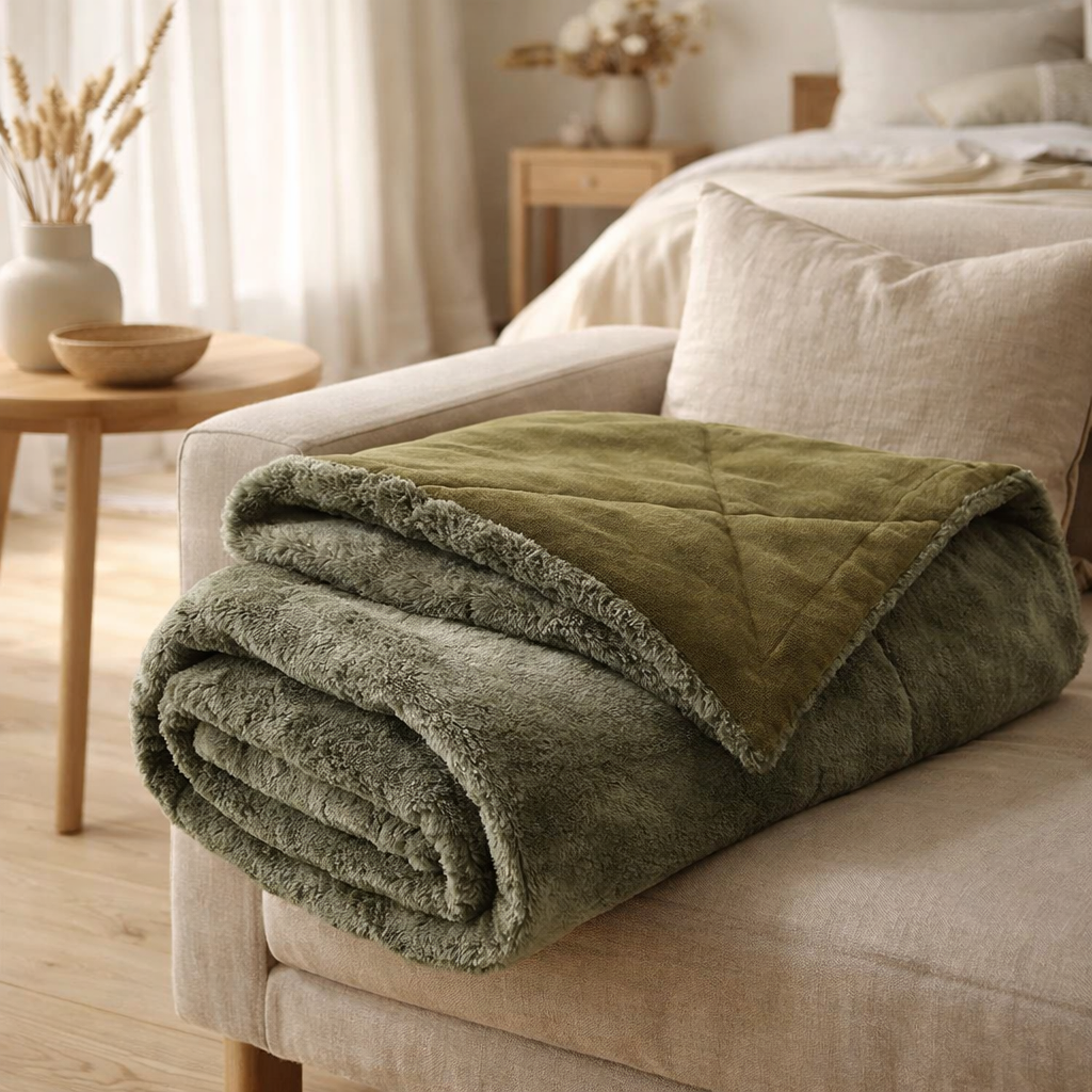 Plaid Kinta Olive 130 x 160 en situation