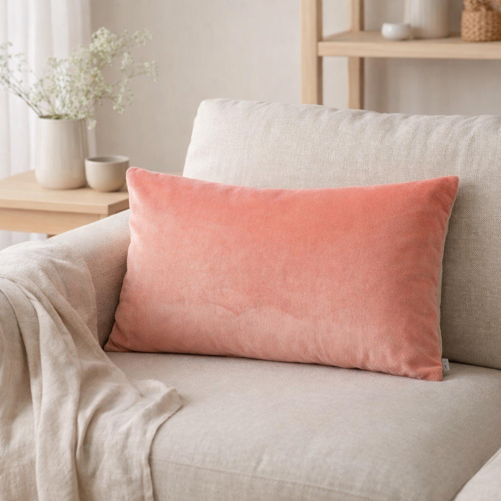 Coussin uni Elise Pêche 40 x 65 en situation