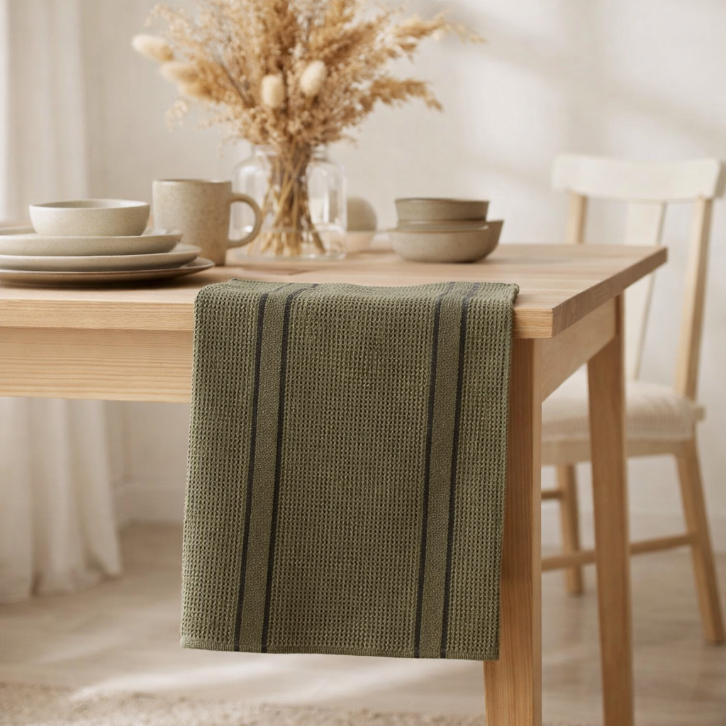 Torchon recyclé Lars Olive 50 x 70 en situation