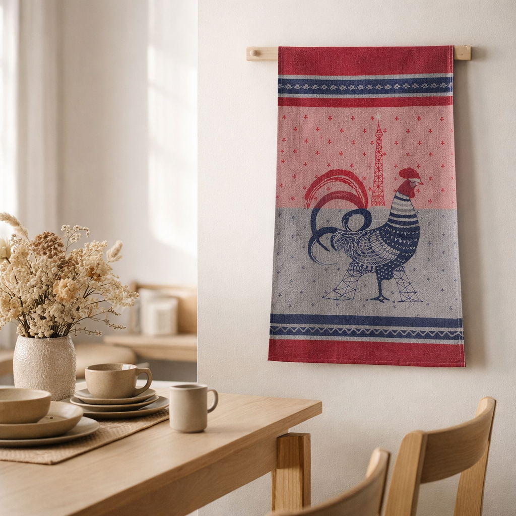 Torchon jacquard Cocorico Multicolore 50 x 70 en situation