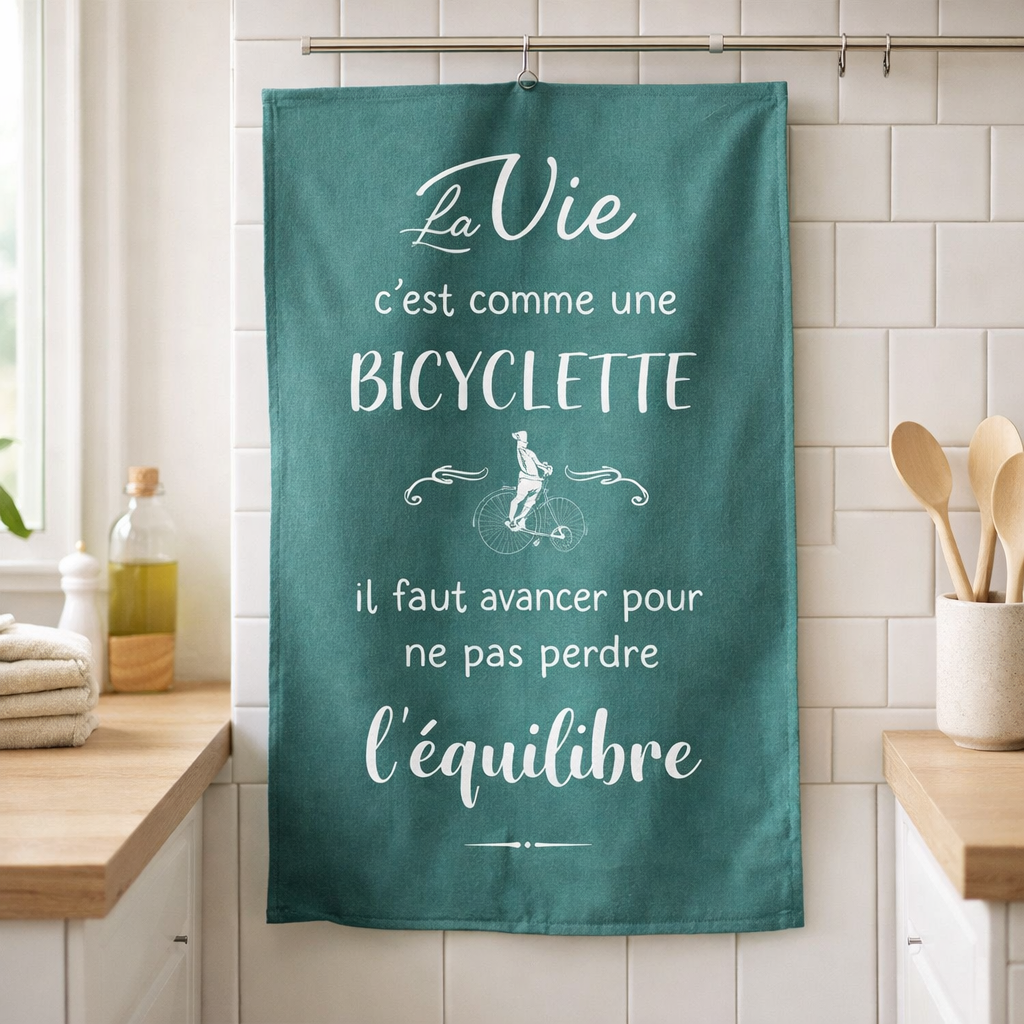 Torchon Bicyclette Paon 50 x 70 en situation