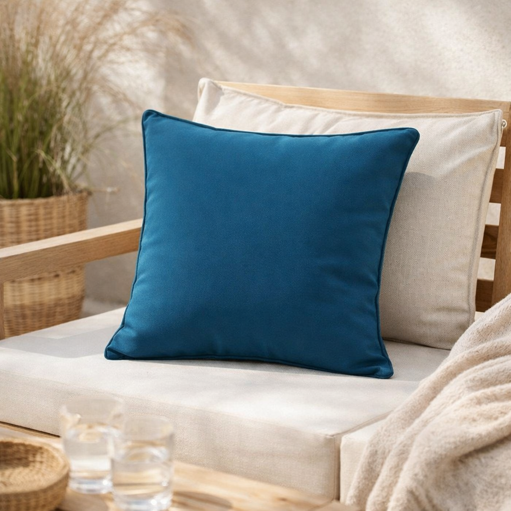 Coussin uni Alga extérieur Indigo 45 x 45 en situation