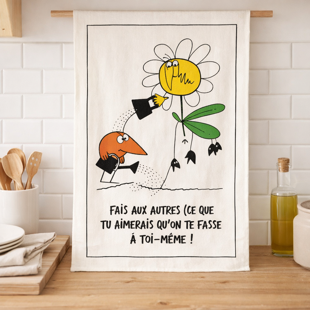 Torchon Shadoks Fais aux autres Ecru 48 x 72 en situation