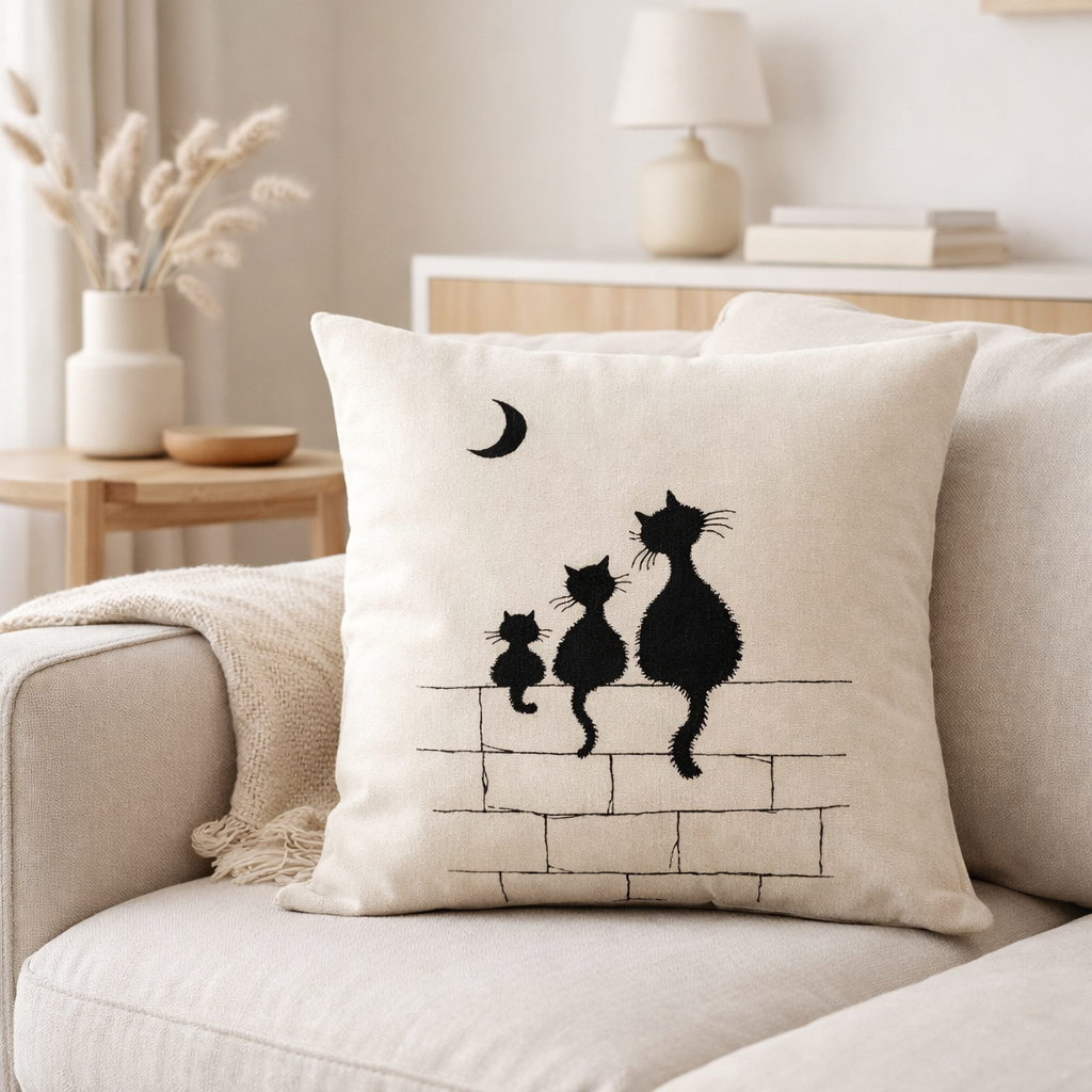 Coussin Dubout 3 chats Ecru 45 x 45 en situation