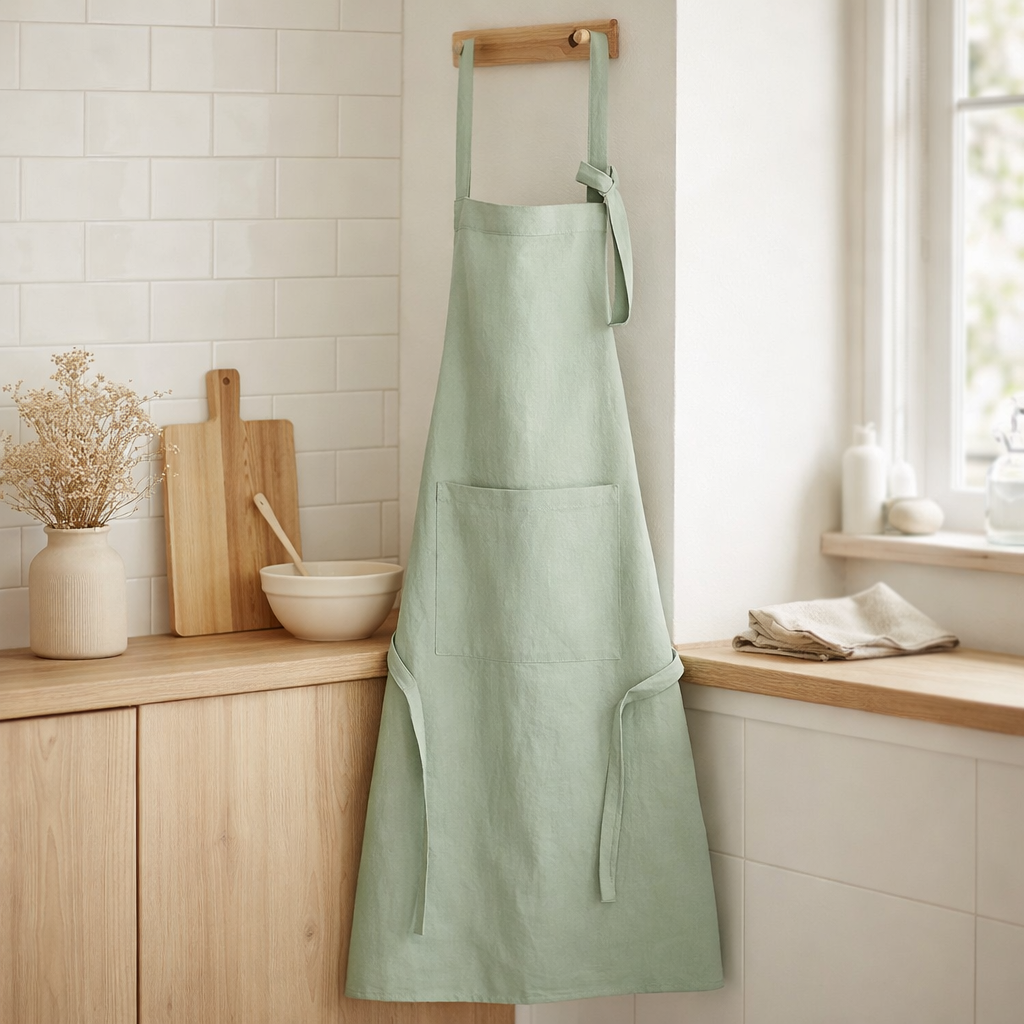 Tablier de cuisine recyclé Ada Céladon 72 x 85 en situation