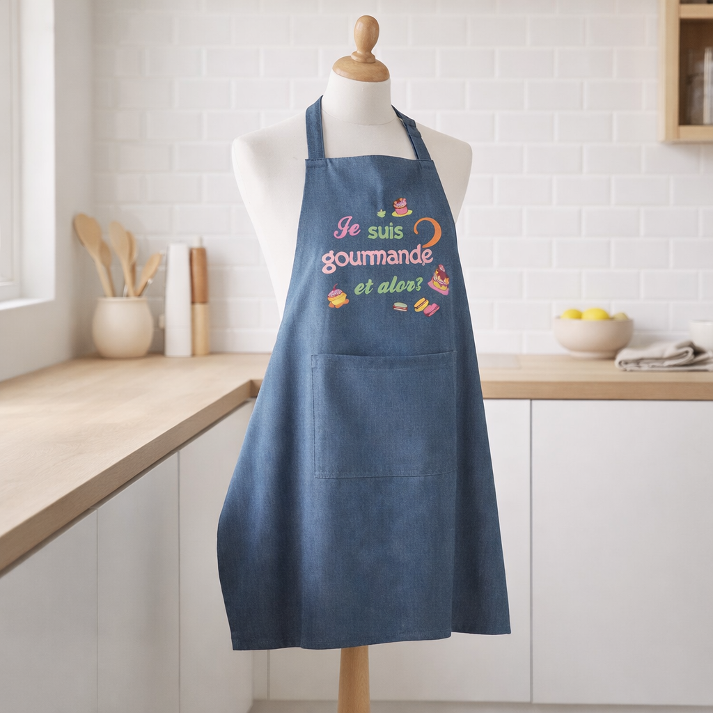 Tablier de cuisine Je suis gourmande Jeans 90 x 72 en situation
