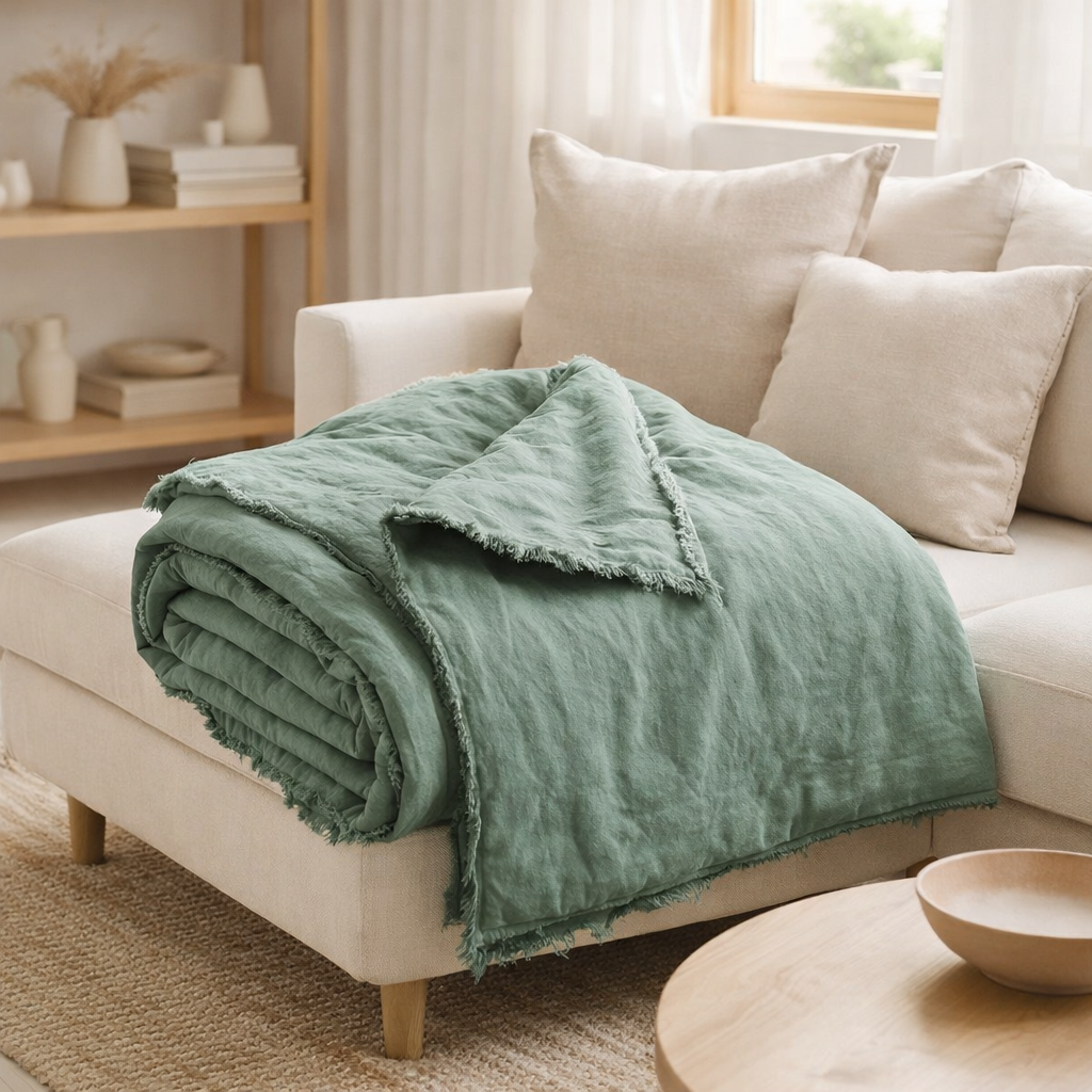 Plaid uni Laly Prusse 135 x 200 en situation