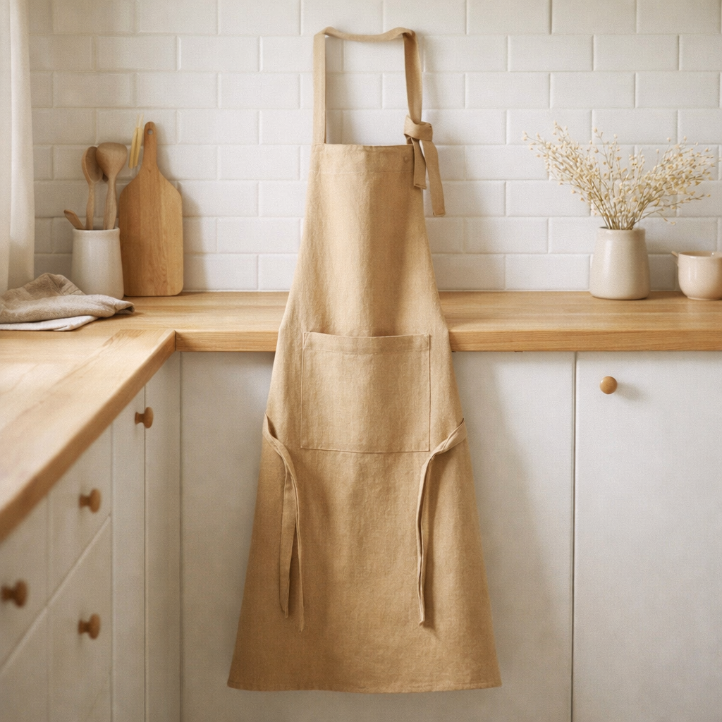 Tablier de cuisine recyclé Ada Camel 72 x 85 en situation