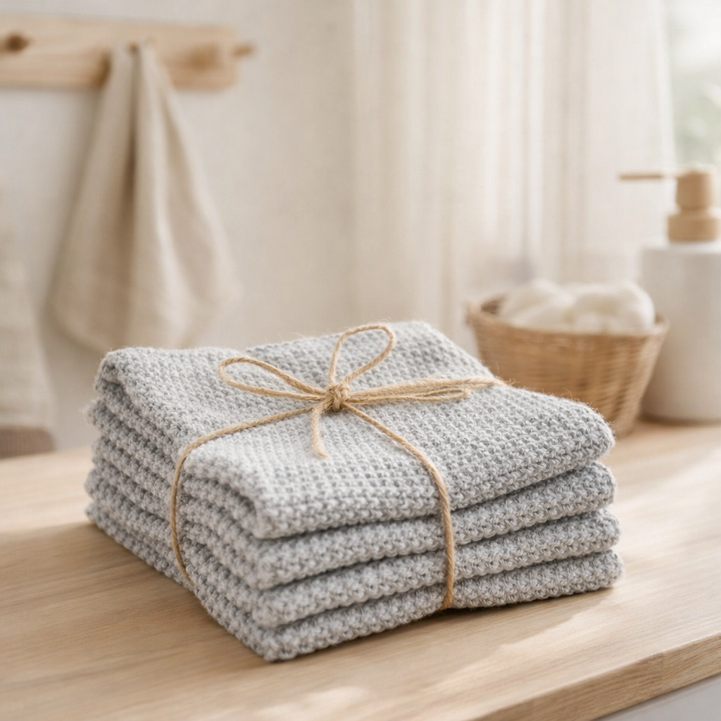 Lot de 3 essuie-mains tricotes Izan recyclés Gris 25 x 25 en situation