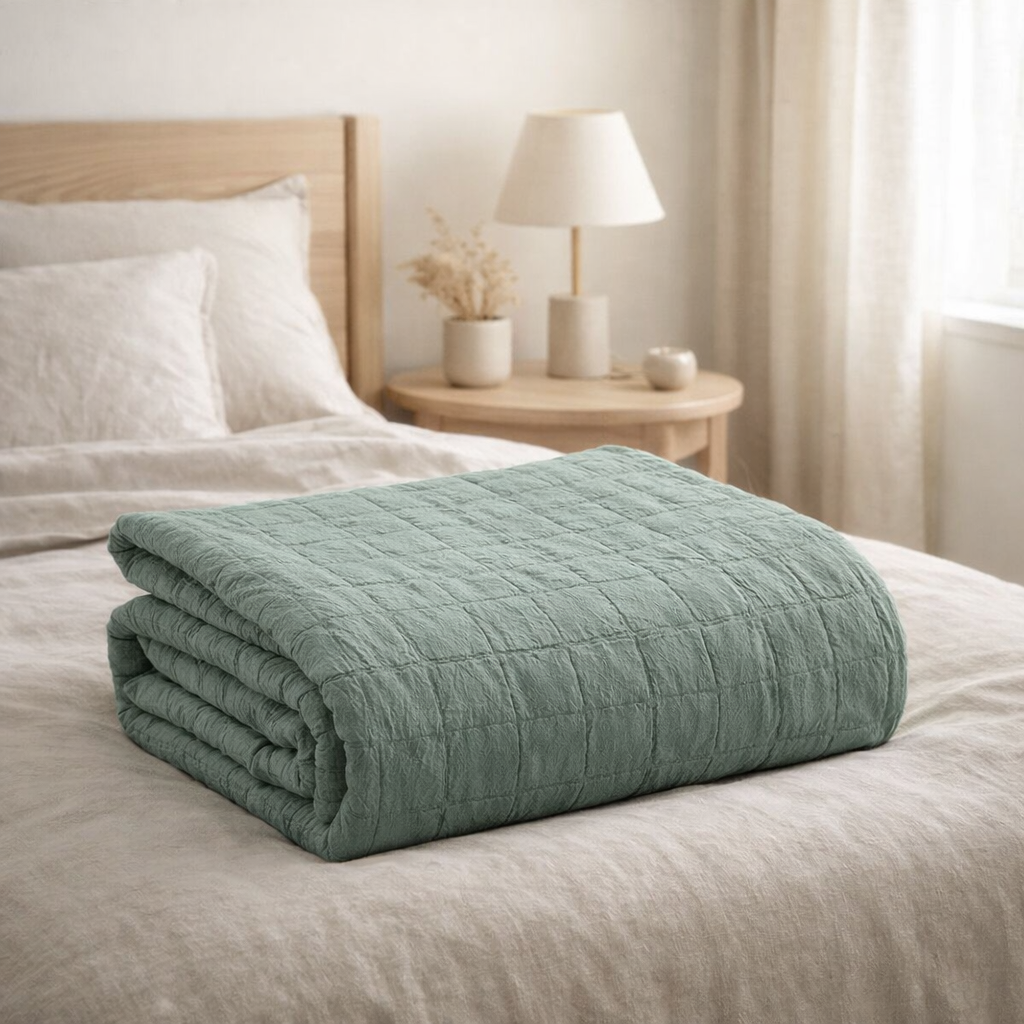 Plaid recyclé Titou Vert de gris 140 x 200 en situation