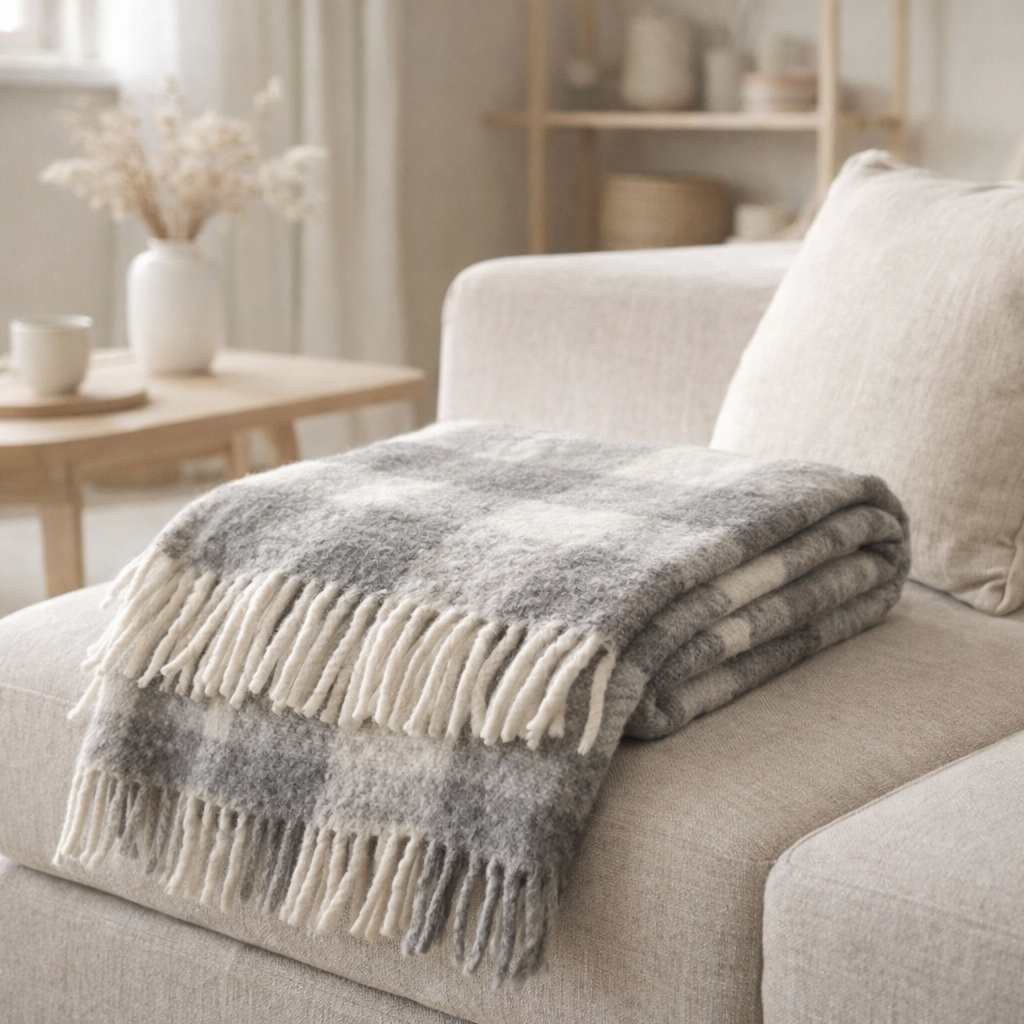 Plaid recyclé Isabel damier Ardoise 130 x 160 en situation