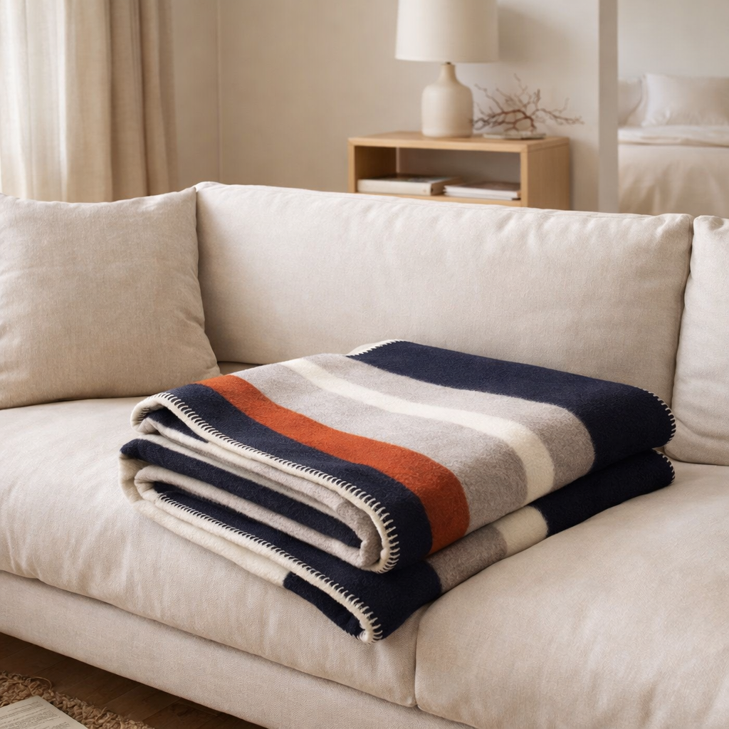 Plaid jacquard recyclé Gioia Marine 140 x 185 en situation