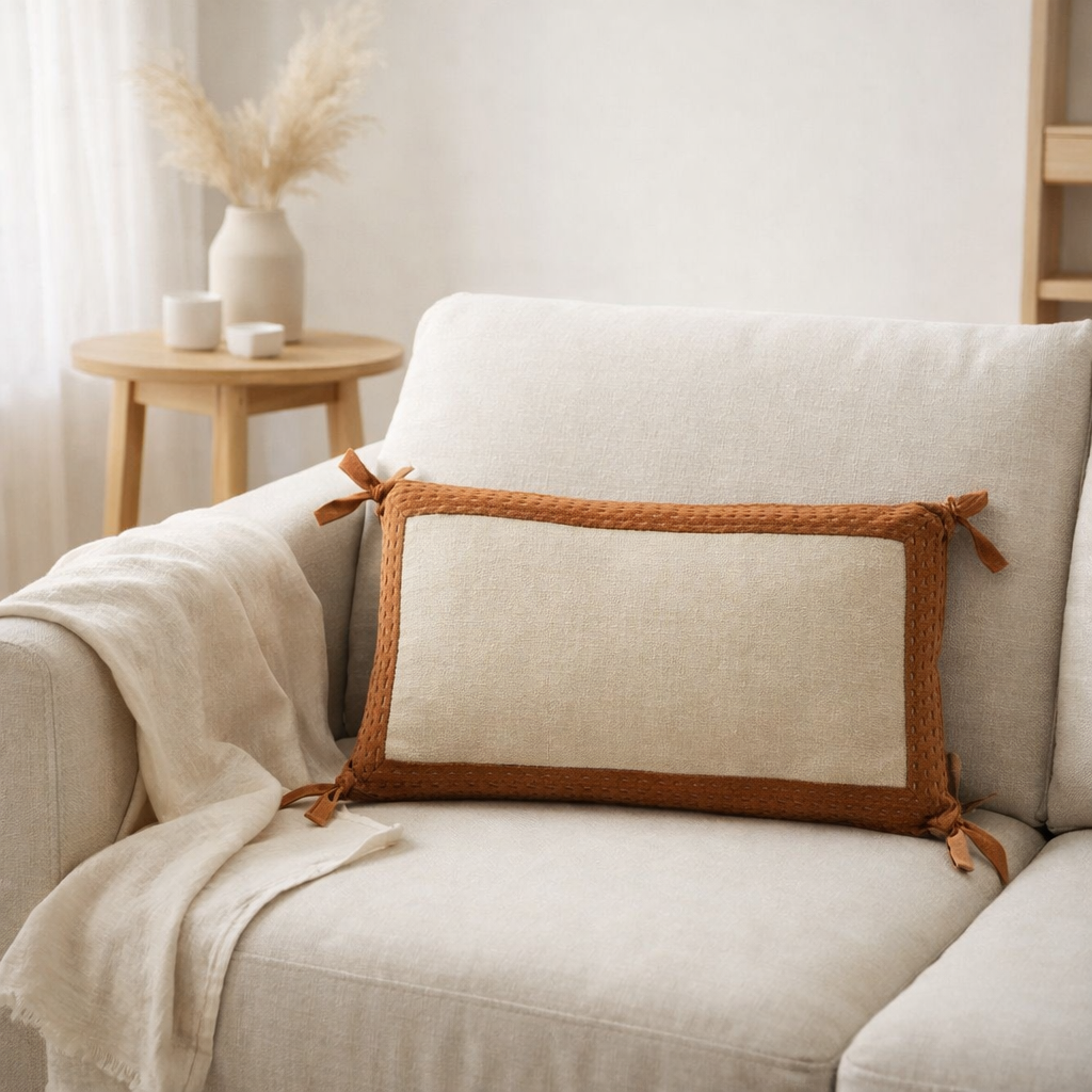 Coussin Elise Chambray Rouille 30 x 50 en situation