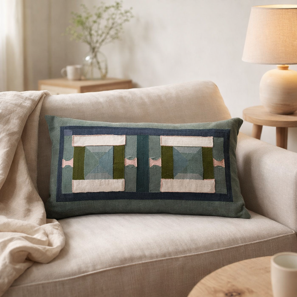 Coussin brodé Taho Vert de gris 40 x 65 en situation