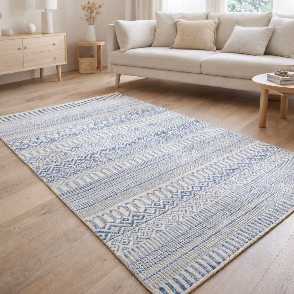 Tapis Sarah Ivoire/bleu 120 x 180 en situation