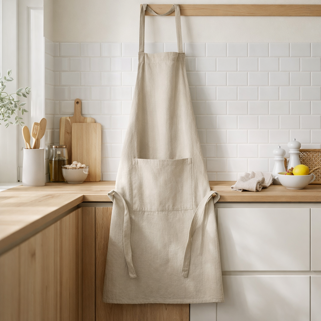 Tablier de cuisine recyclé Ada Ficelle 72 x 85 en situation