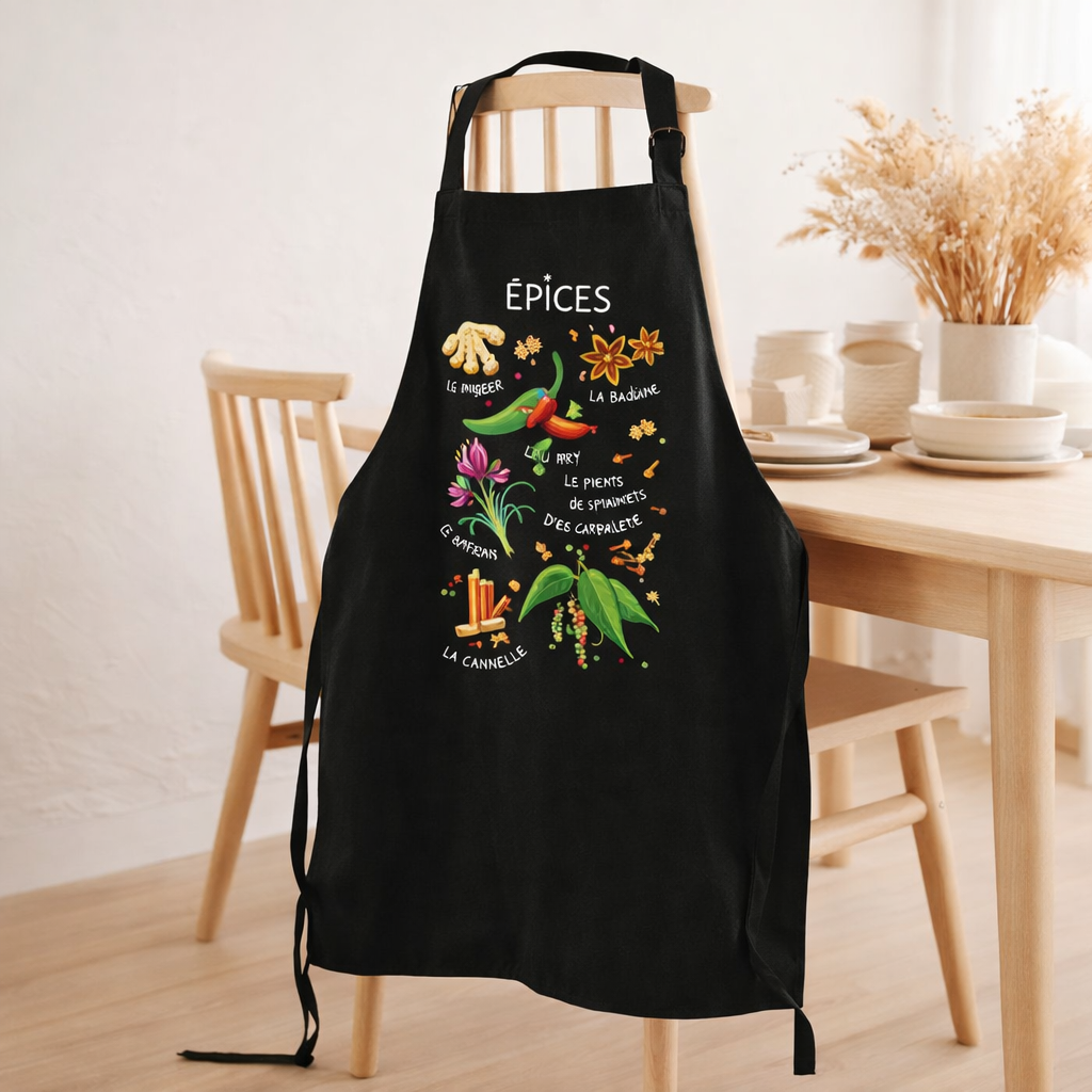 Tablier de cuisine sans poche Épices recyclé Noir 72 x 90 en situation