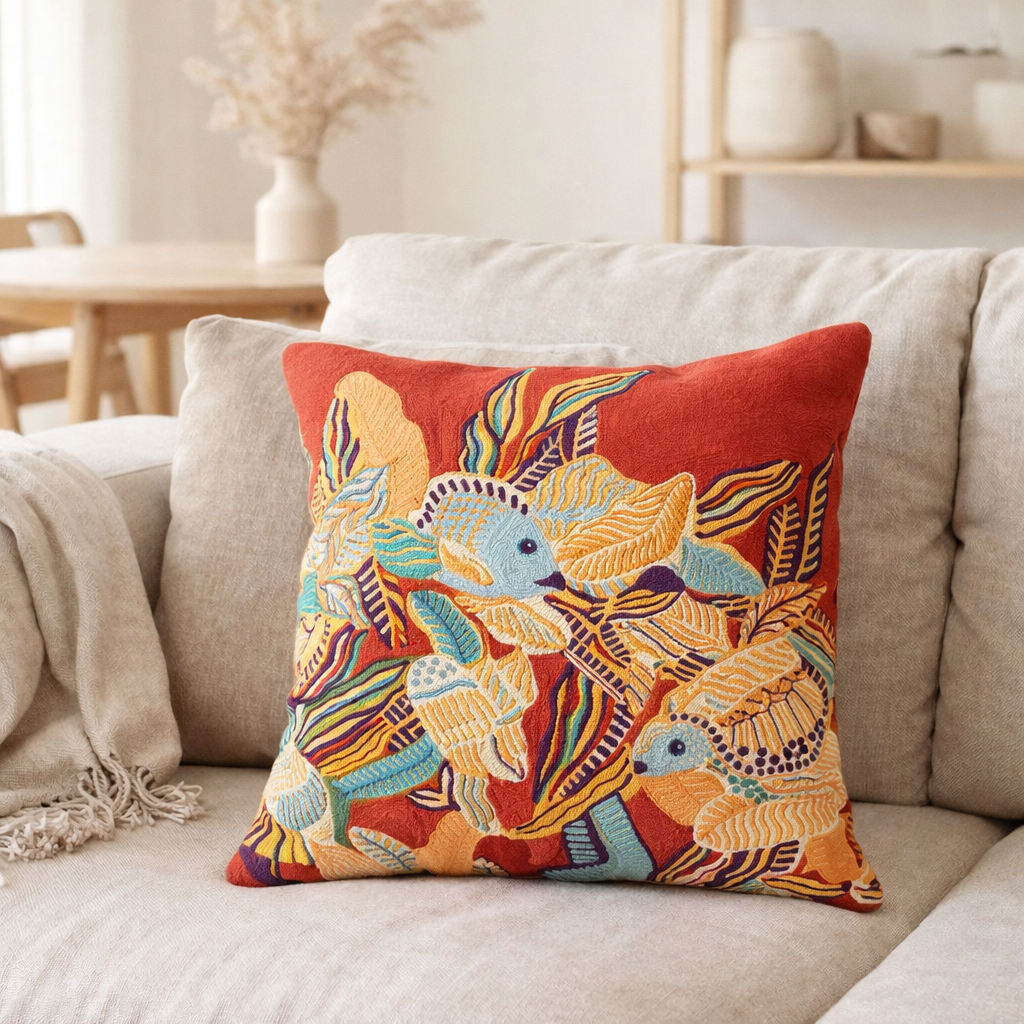 Coussin brodé Dori Papaye 45 x 45 en situation