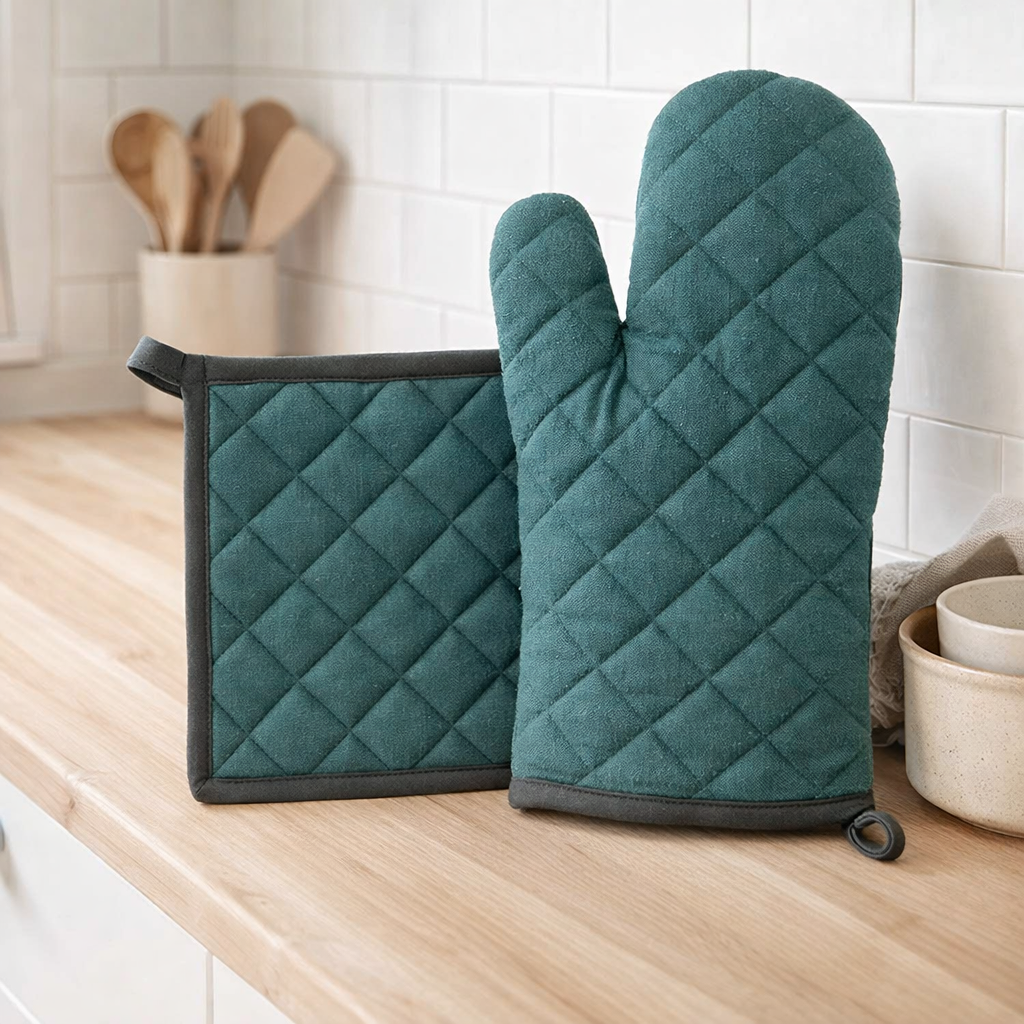 Lot gant de cuisine/manique recyclé Grace Paon 15 x 32 en situation