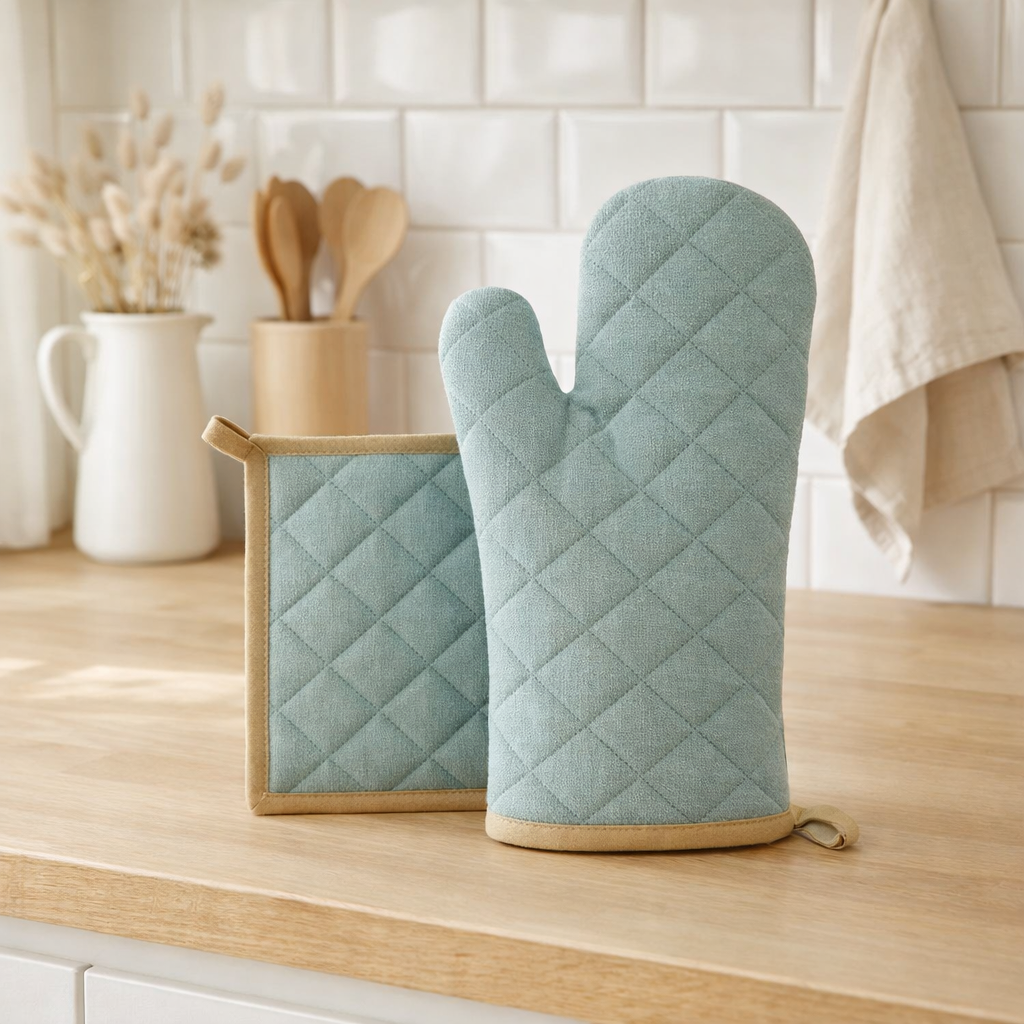 Lot gant de cuisine et manique recyclé Grace Aqua 18 x 32 en situation