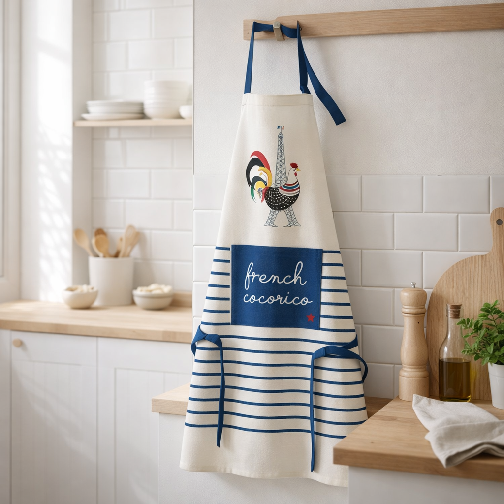 Tablier de cuisine recyclé French Cocorico Ecru/bleu 85 x 72 en situation