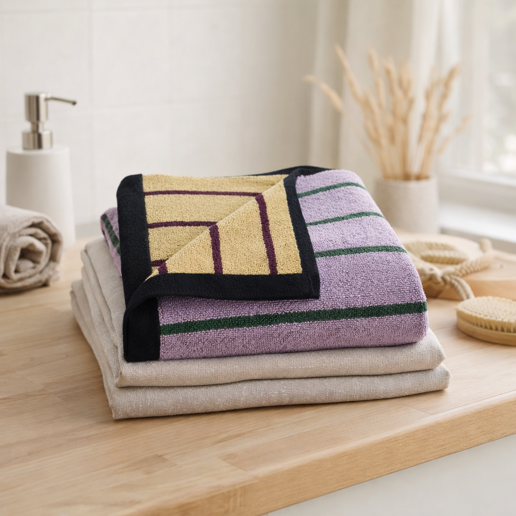 Serviette de toilette Charly Lilas 50 x 100 en situation