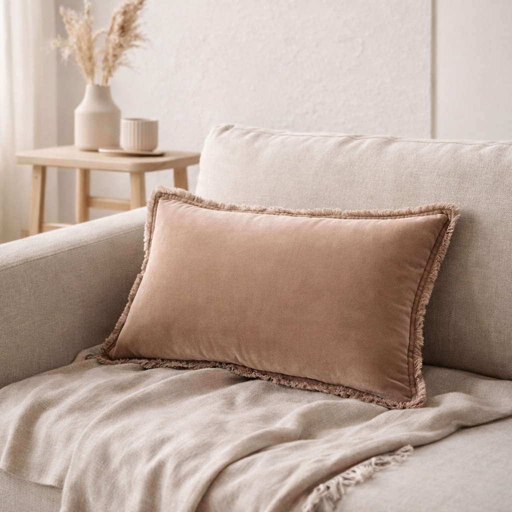 Coussin uni Fara Taupe 40 x 65 en situation