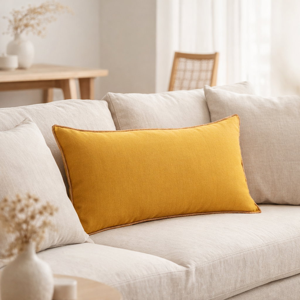 Coussin Zeff Céleste Mangue 30 x 50 en situation