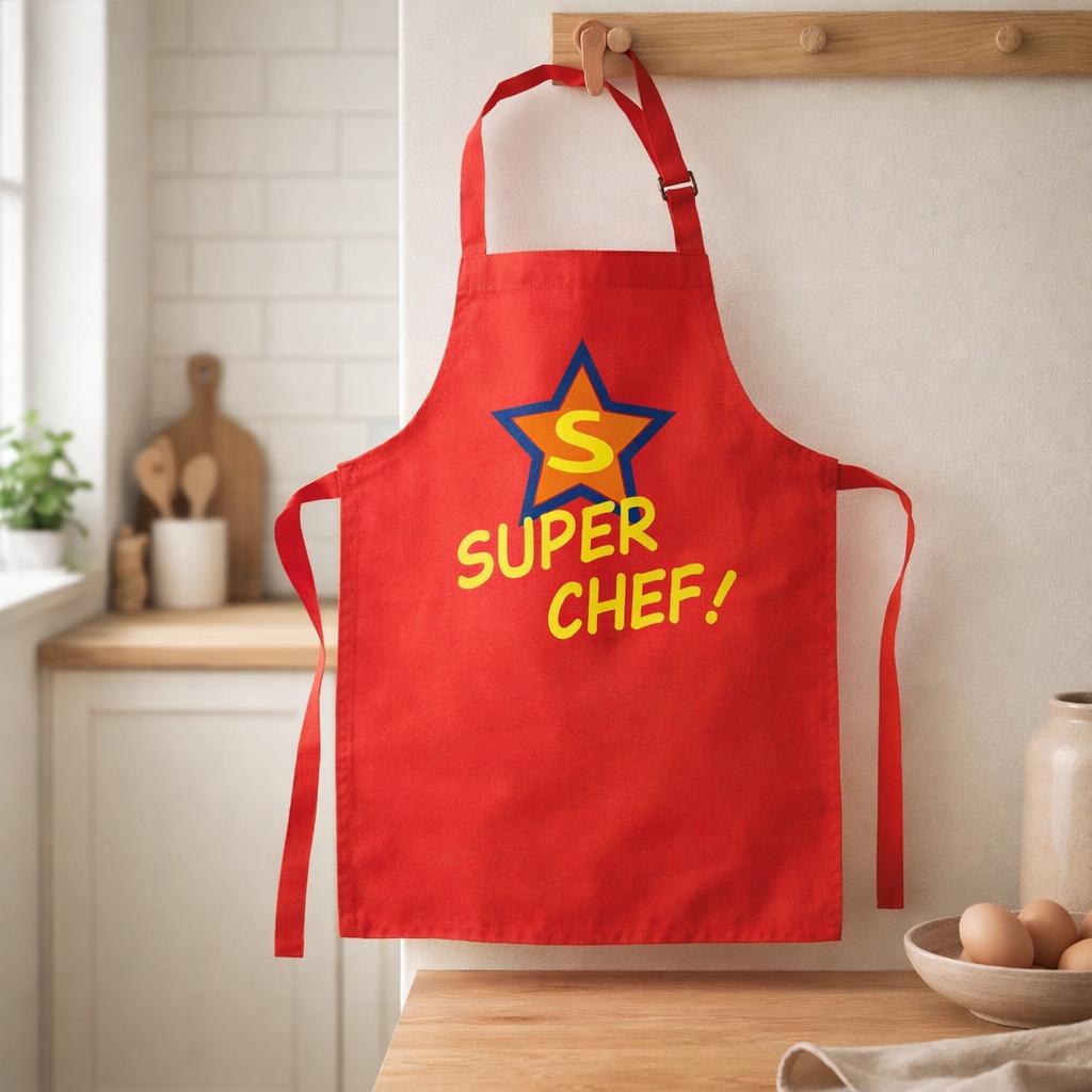 Tablier de cuisine enfant Super Chef recyclé Rouge 52 x 63 en situation
