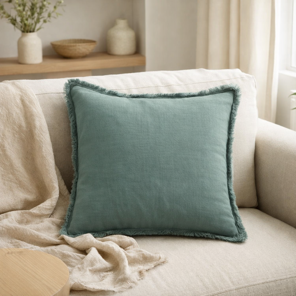 Coussin uni Laly Prusse 45 x 45 en situation