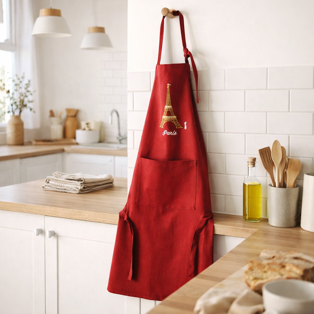 Tablier de cuisine recyclé Tour Eiffel avec poche Rouge 85 x 72 en situation