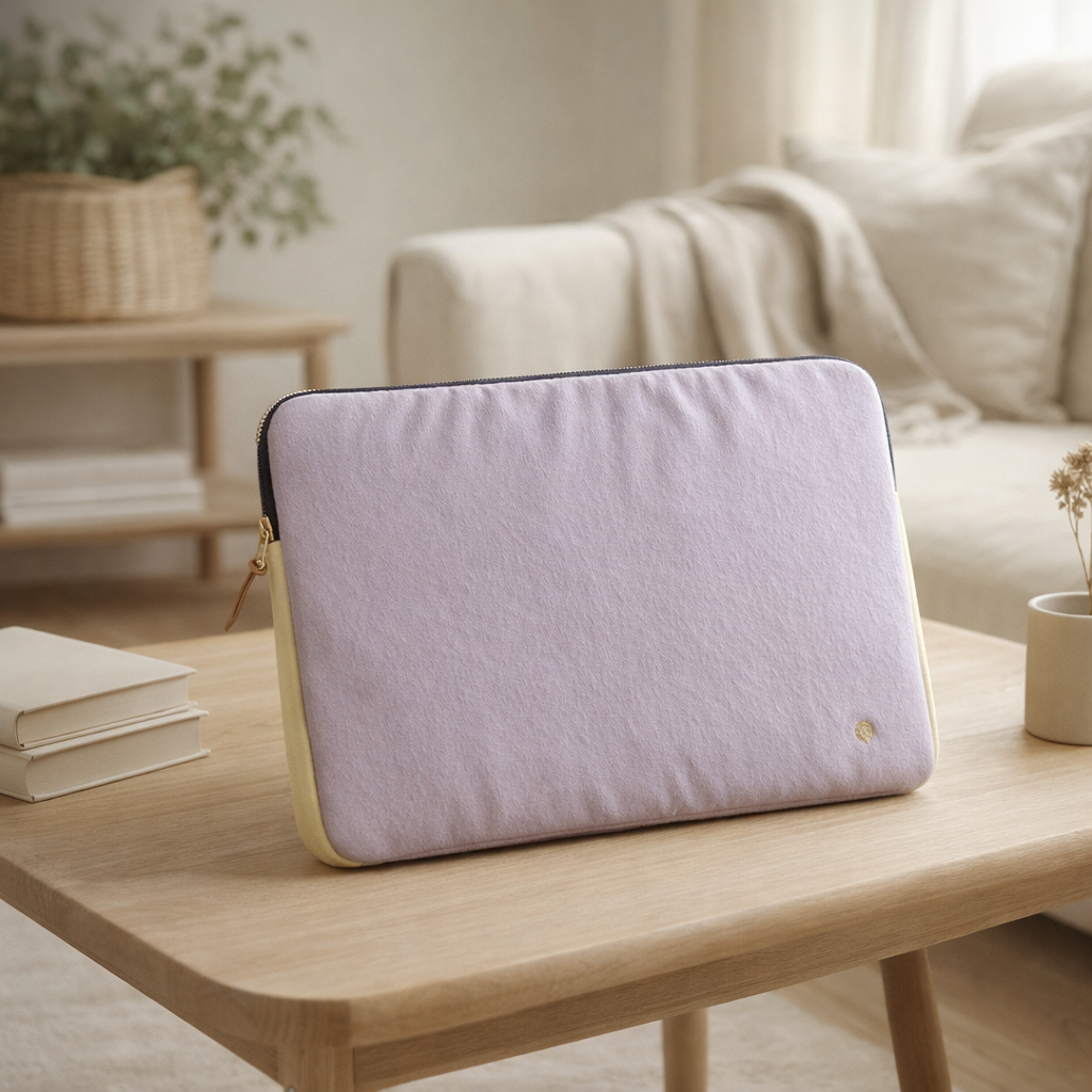 Housse ordinateur Tricolo Lilas ananas 15-16 en situation