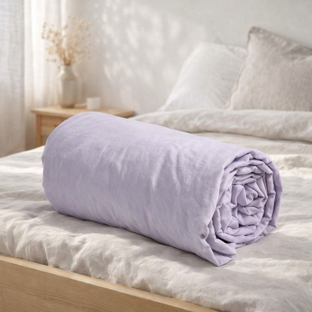 Drap housse Céleste Lilas 200 x 90 en situation