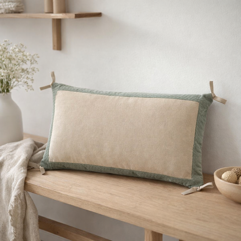 Coussin Elise Chambray Verveine 30 x 50 en situation