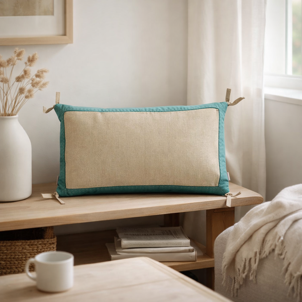 Coussin Elise Chambray Vert de gris 30 x 50 en situation