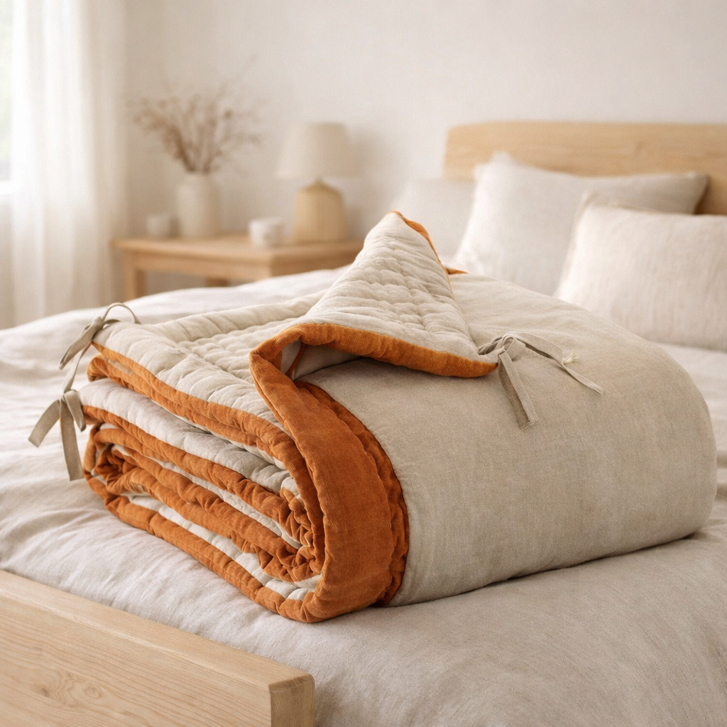 Edredon Elise Chambray Rouille 80 x 180 en situation