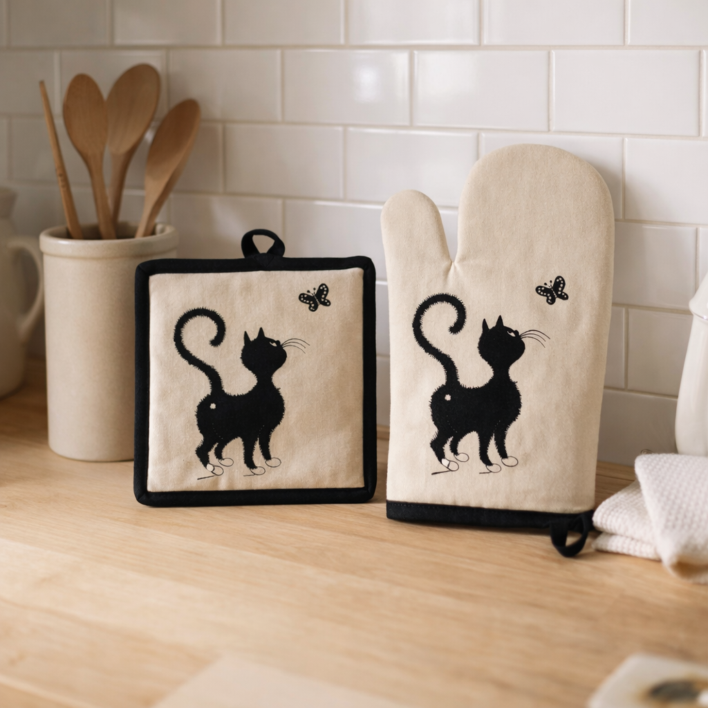 Gant de cuisine + Manique Dubout Chat Papillon Beige 18 x 28 en situation