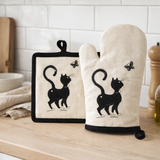 Gant de cuisine + Manique Dubout Chat Papillon Beige 18 x 28 en situation