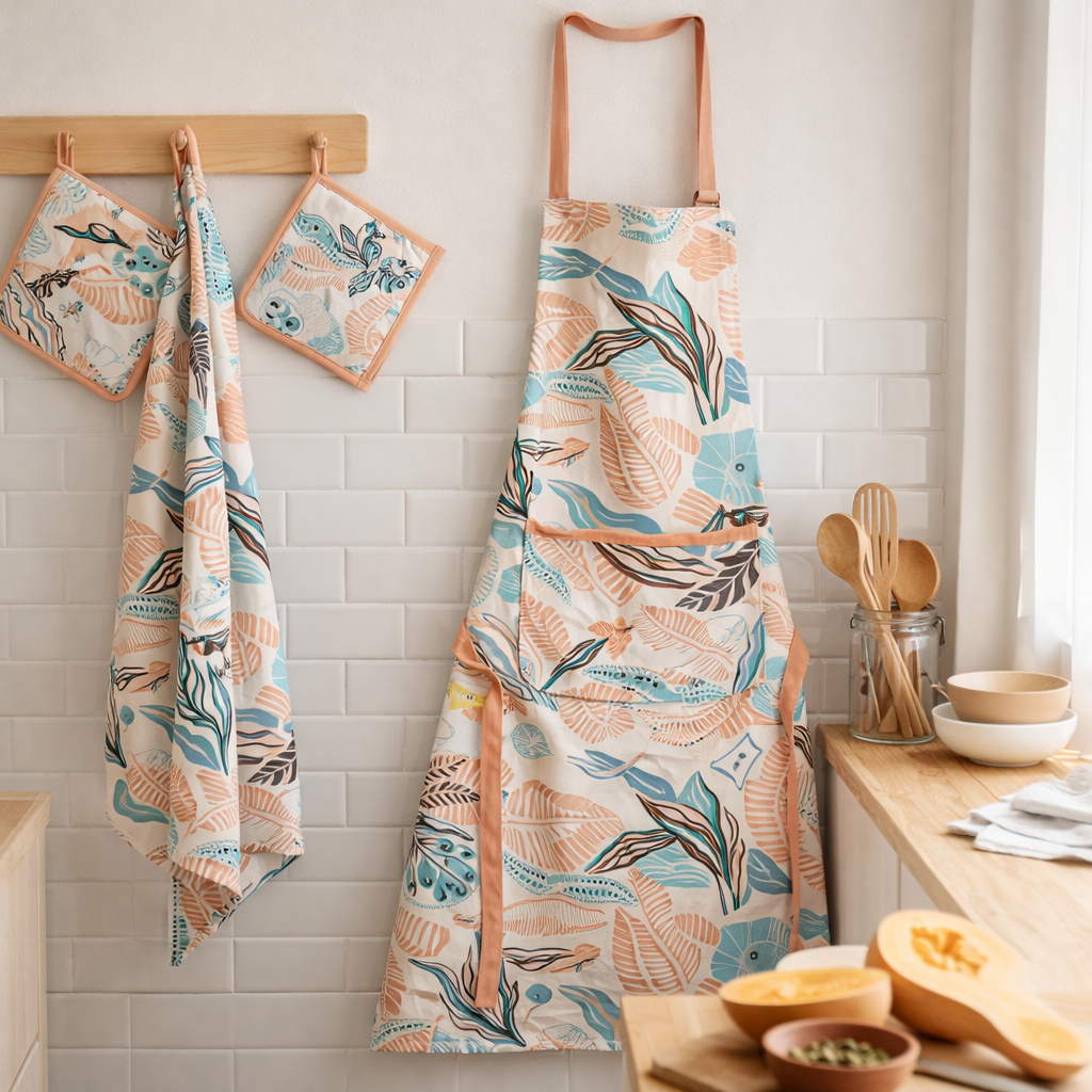 Tablier de cuisine recyclé Dori avec poche Pêche 72 x 85 en situation