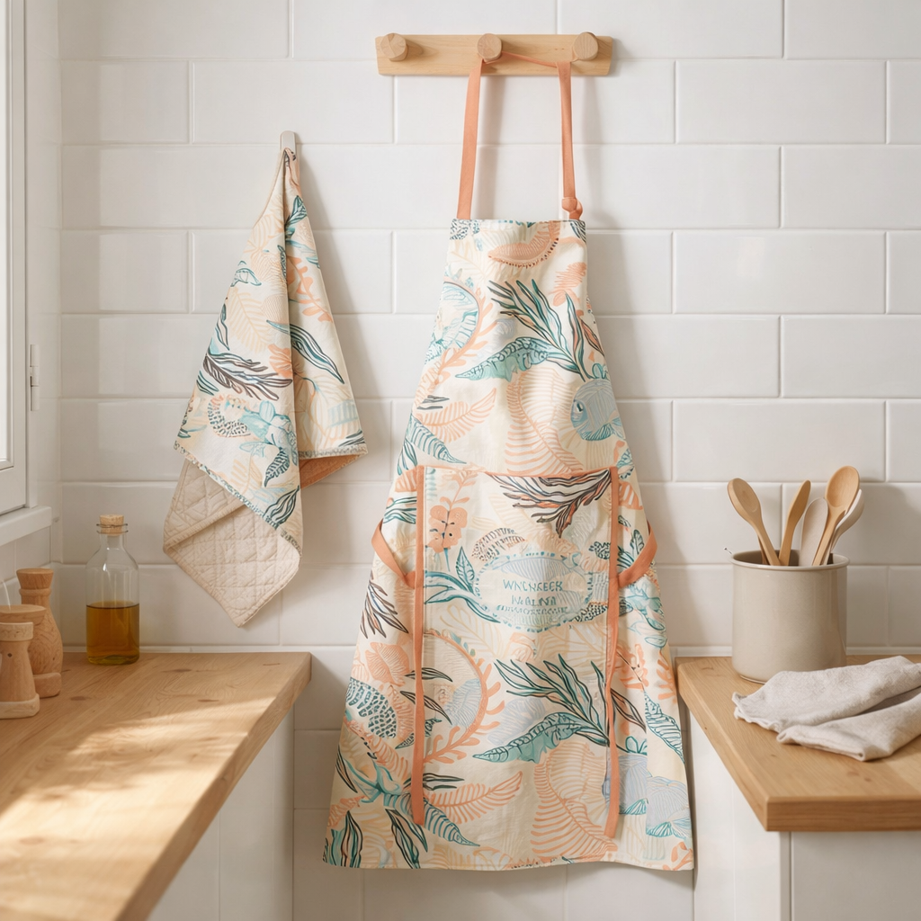 Tablier de cuisine recyclé Dori avec poche Pêche 72 x 85 en situation