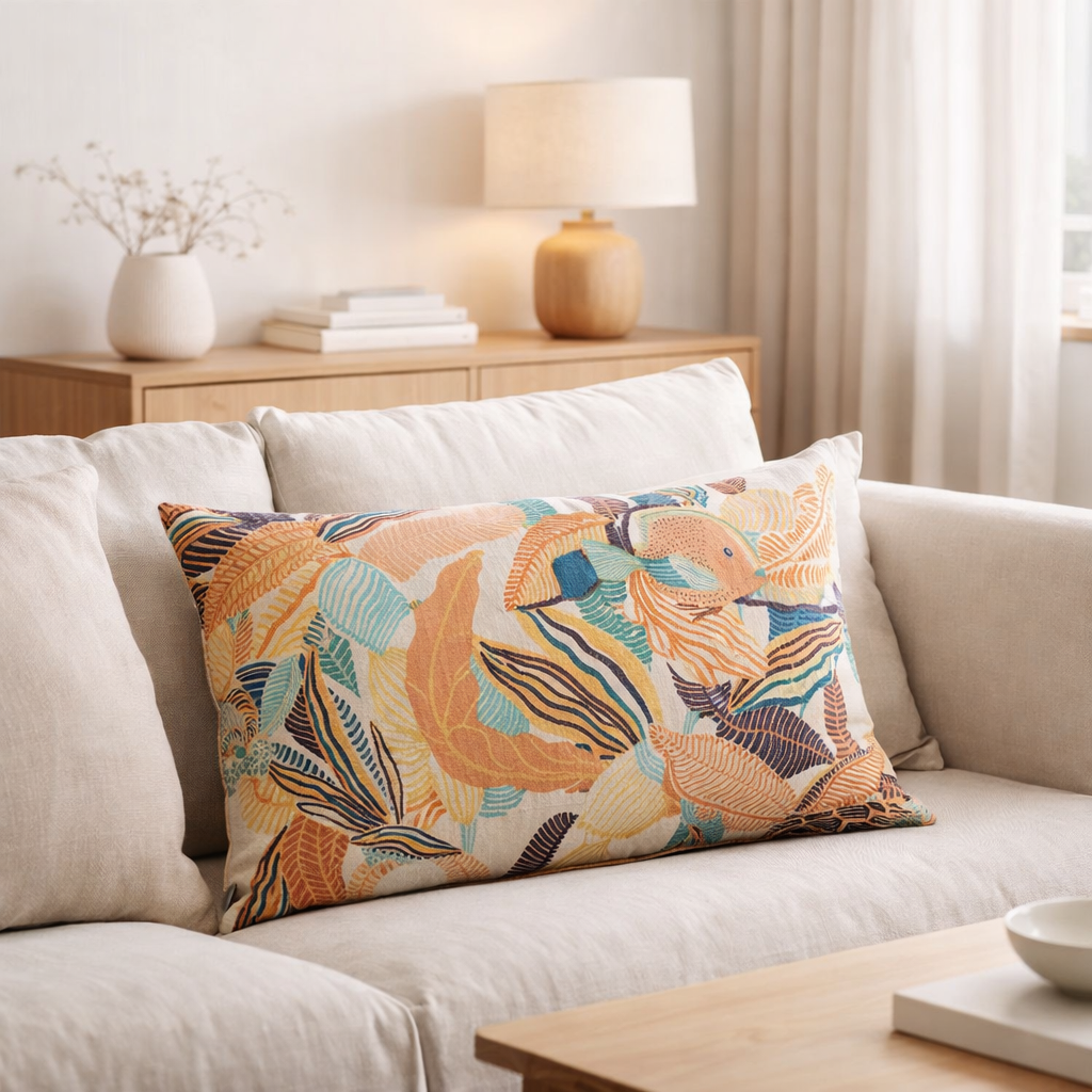 Coussin imprimé Dori Papaye 40 x 65 en situation