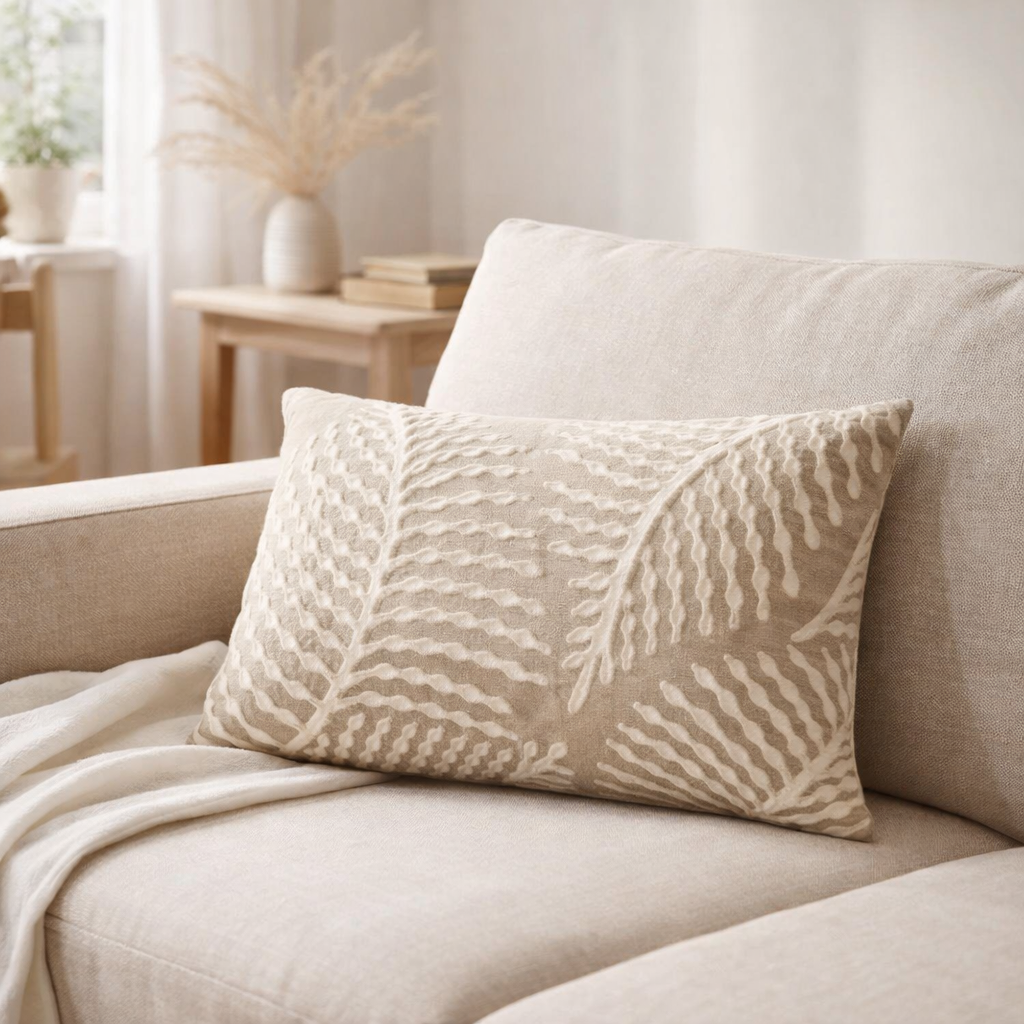 Coussin brodé Flora Galet 30 x 50 en situation